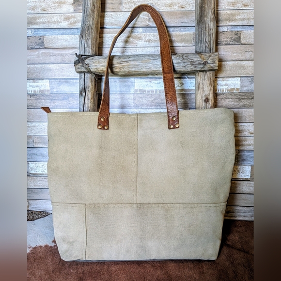 Mona B Upcycled Canvas/Leather Large Handbag - Picture 8 of 16